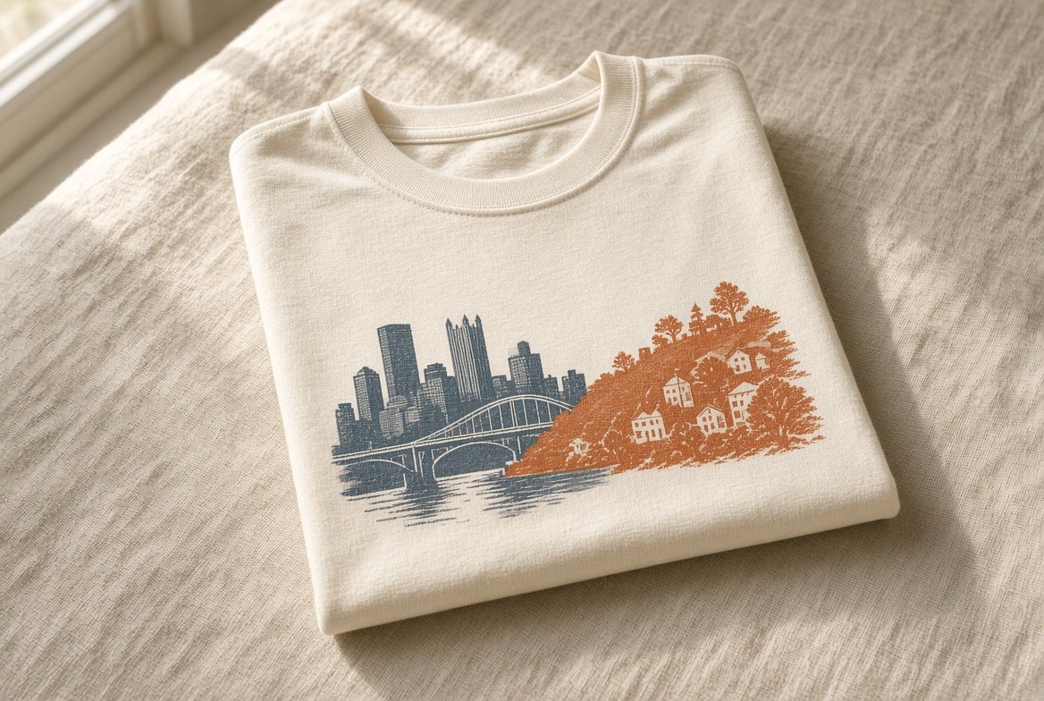 Folded cream tee with a Pittsburgh river and hillside print